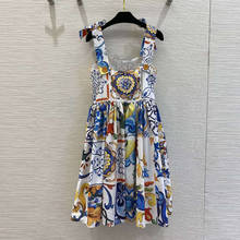 Mini vestido de férias feminino, vestido da moda para mulheres, com alça fina, botões e laços, de porcelana 2024 - compre barato