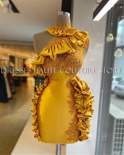 Vestido de sereia curto dourado, novo design de renda, apliques de gola alta, vestido de festa de formatura feminino dubai africano, 2021 2024 - compre barato
