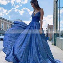 Блестящие синие платья с V-образным вырезом для выпускного вечера 2021 сверкающие длинные Официальные Вечерние платья на молнии сзади трапециевидные платья для вечеринки 2024 - купить недорого