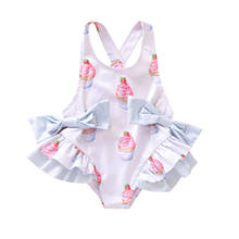 Bañador de una pieza con volantes para niña, traje de baño con estampado de pastel con lazo, Espalda descubierta, tirantes, ropa de playa 2024 - compra barato