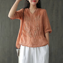 Trajnatural rami camisa feminina vintage, camiseta com decote em v manga curta, blusas estilo chinês para verão, 6 cores, tops 2024 - compre barato