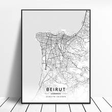 Preto branco mapa da cidade do mundo beirute líbano latitude longitude mapa cartaz da arte da pintura lona para escritório em casa deocr 2024 - compre barato