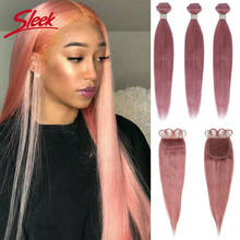 Sleek Brazilian Bundles With Closure Pink Color Straight 3 Bundles With Closure Natural Remy Human Hair For Black Women 2024 - buy cheap