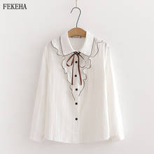 Camisa branca feminina renda blusa manga comprida top feminino roupas estilosas laço 2024 - compre barato
