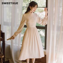 SWEETXUE Preppy Style Sweet Cute Kawaii Dress Long Sleeve Lace Literary Retro Solid Color Party Dress Women 2024 - buy cheap