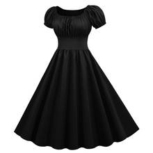 Solid Black Robes Vintage Summer Dress Square Collar Short Sleeve Retro Women Rockabilly Party Office Ruched Dresses Knee-Length 2024 - buy cheap