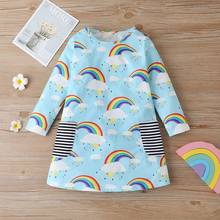 Cotton Baby Girl Dress Rainbow Print Striped Pocket Long Sleeve Princess Kids Straight Dress Winter Party Baby Girl Clothes 1-6Y 2024 - купить недорого