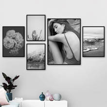 Preto branco planta flor mar moda menina arte da parede da lona pintura nórdico cartazes e impressões fotos de parede para sala estar decoração 2024 - compre barato