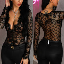 AU New Womens Sexy Long Sleeve Deep V Neck Lace Bodycon Party Bodysuit Jumpsuit Leotard Tops Clubwear 2024 - buy cheap