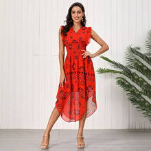 2021 Summer New Style Dress Red Fashion Sexy V-neck Women's Casual Slim Sleeveless Ruffled Patchwork Printed Irregular Dress 2024 - buy cheap