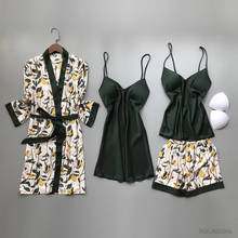 2022 Spring Autumn Women Silk Pajamas Sets With Chest Pads Flower Print Pijama Sleepwear 4 Pieces Spaghetti Strap Satin Pyjamas 2024 - buy cheap