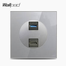 Painel de vidro wallpad l6 hdmi usb 3.0, tomada de parede com transmissão de dados, cristal cinza 2024 - compre barato