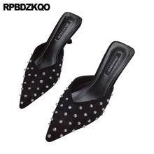 Zapatos de tacón medio y fino para mujer, zapatillas de punta estrecha de ante, de diseñador, stilettos, con remaches altos, color negro, 2021 2024 - compra barato