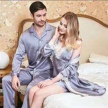 JULY'S SONG Couple Pajamas 2 Pieces Woman Pajamas Set Faux Silk Satin Robe & Gown Set Home Wear Women Man Sleepwear Pajamas Suit 2024 - buy cheap