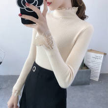 #6327 Knitted Sweater Women Turtleneck Pullovers Beige White Black Green Yellow High Neck Womens Sweaters Cotton Spliced Lace 2024 - buy cheap