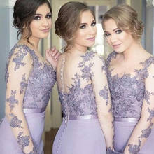 Light Purple Bridesmaid Dresses Plus Size Appliques Jewel Neck Sheer Long Sleeves Bridal Guest  Mermaid Gowns Vestido púrpura 2024 - buy cheap