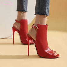 Sandálias femininas peep toe sensuais, estilo de rua, sandálias fashion com fivela, branca, vermelha e preta, sapatos de salto muito alto, tamanho grande 2024 - compre barato