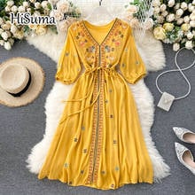 2021 summer new women's V-neck embroidery cotton and linen A-line dress female lace-up waist bohemian beach dresses 2024 - buy cheap