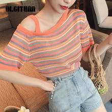 2020 New Arrival Summer Sweet Women Sexy Knitted Single Off Shoulder T-Shirt Stripe Short Sleeve Skew Collar Tops Basic T-Shirt 2024 - buy cheap