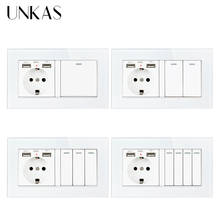 UNKAS EU Standard Dual USB Port Wall Socket Tempered Crystal Glass Panel Outlet + 1 2 3 4 Gang 1 / 2 Way On / Off Light Switch 2024 - buy cheap