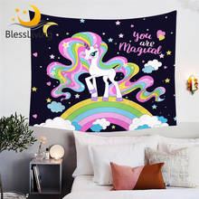 BlessLiving-tapiz de unicornio mágico para niños, Alfombra de pared con pelo de arcoíris, dibujos animados coloridos, luna y estrella, colgante de pared, envío directo 2024 - compra barato