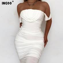 INGOO Summer Off Shoulder Mesh Women Dress Party Night Strapless Midi Length Solid Draped Sexy Ruched Bodycon Dresses Female 2024 - buy cheap