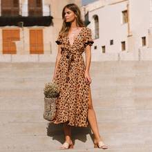 Estampa de Leopardo das mulheres Para Baixo Balanço de Manga Curta Arco Vestido Vestido de Princesa Longo женское платье vestido de mujer Kleider Damen 2024 - compre barato