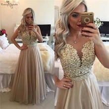 Champagne Sexy Prom Dresses Long Gold Appliques Pearls Sheer Back Chiffon Formal Gowns Evening Dress Vestidos De Festa 2020 2024 - buy cheap