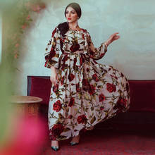 Женское платье макси Siskakia, турецкое Плиссированное богемное Платье с принтом розы, осень 2020, длинный рукав в арабском стиле, мусульманская Абая с поясом 2024 - купить недорого