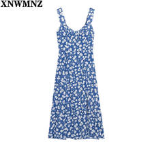 XNWMNZ women Holiday Blue Floral Print Tank midi Dress printed Vintage Chiffon Split dress Back Elastic vestidos Bodycon Women's 2024 - buy cheap