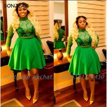 Green Long Sleeve Bridesmaid Dresses 2021 A Line Lace Top Knee Length Satin African Bridesmaid Dress Plus Size for Women Wedding 2024 - buy cheap