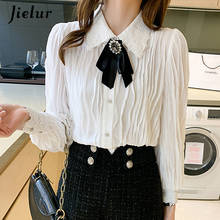 Jielur New Elegant Women's Blouses Chic Spliced Lantern Sleeve Lace Collar White Shirt Loose Bow Tie Ladies Tops Blusas Femme 2024 - buy cheap