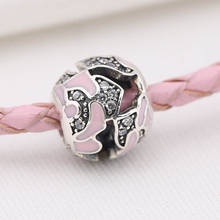 S925 Silver  Bead Pink Delicate Rose Charm fit Lady Bracelet Bangle DIY Jewelry Clear CZ 2024 - buy cheap