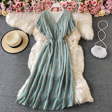 Jjulho palette vestidos casuais de chiffon, com decote em v, manga curta para o verão 2021, vestido floral de cintura elástica, vestidos de festa 2024 - compre barato