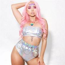 Conjunto de dos piezas holográficas para mujer, Top corto sin tirantes de aspecto húmedo brillante, Top Sexy de tubo metálico y pantalones cortos, ropa para discoteca y Festival 2024 - compra barato