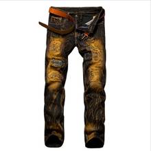Байкерские винтажные джинсы для мужчин, Осенние прямые джинсы высокого качества, ковбойские брюки с дырками, джинсы, размер 42 2024 - купить недорого