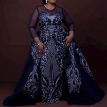 Sparkly Sequins Navy Blue African Evening Dresses with Detachable Train Long Sleeves Elegant Women Formal Prom Dresses Plus Size 2024 - buy cheap