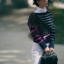 Suéter feminino de malha de lã macia, pulôver casual com gola redonda, manga morcego, listras com contraste, 2020 2024 - compre barato