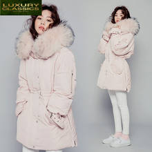 Abrigo de plumón de pato para mujer, Parka con capucha de piel de mapache Real, estilo coreano, cálido, color rosa, 90%, 2021 2024 - compra barato