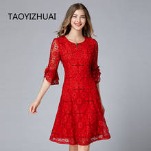 TAOYIZHUAI-vestido de encaje de estilo informal para mujer, vestido de talla grande con mangas acampanadas, cuello redondo, cintura holgada, estampado de flores, corte ahuecado 2024 - compra barato