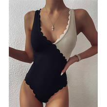 Misswim Sexy ribbed monokini Patchwork one-piece suit Ruffle swimsuit women High cut swimwear women V neck bathing suit Bodysuit 2024 - buy cheap