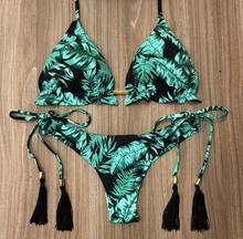 Feminino impressão floral biquinis sexy listrado retalhos maiô novo triângulo bandagem banho brasileiro borla beachwear 2024 - compre barato