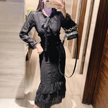 2020 High Quality Luxury runway Dress Women Black long - sleeved bow lace patchwork pleated Cake Dresses vestidos 2024 - buy cheap