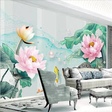 Customize 3D three-dimensional embossed lotus fresh watercolor lotus leaf TV background wall custom large mural green wallpaper 2024 - buy cheap