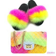 Women Jelly Chain Bag Fur Slippers Set Fashion Fluffy Fur Slides Purse Match Set Ladies Plush Furry Rainbow Fur Beach Flip Flops 2024 - buy cheap