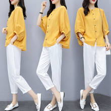 Костюм женский из хлопка и льна, офисный комплект из двух предметов, свободный топ и брюки, желтая рубашка, белые штаны, Рабочий костюм HB713 2024 - купить недорого