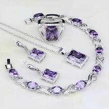 Cristal púrpura cuadrada de circón blanco para mujer, conjuntos de joyería de plata de ley 925 para mujer, aretes de boda/colgante/Collar/pulsera/anillo 2024 - compra barato