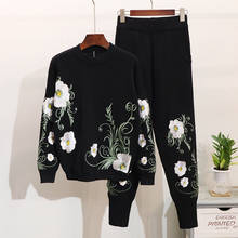 Fashion Tracksuit Women Vintage Knitted Two Piece Set Autumn Sweater Top+Long Pants Floral Embroidery Woman Sportsuits Spring 2024 - buy cheap