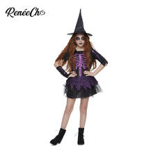 Reneecho-Disfraz de bruja púrpura para niñas, conjunto de vestido y sombrero de fantasía, esqueleto aterrador, para Halloween 2024 - compra barato