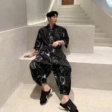 Camisa solta casual masculina, macacão de manga curta para verão, estilo hip hop, com calças de harém, moda urbana, 2019 2024 - compre barato